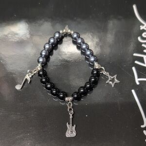 Black and Gray Beaded Rock And Roll Bracelet with Charms
